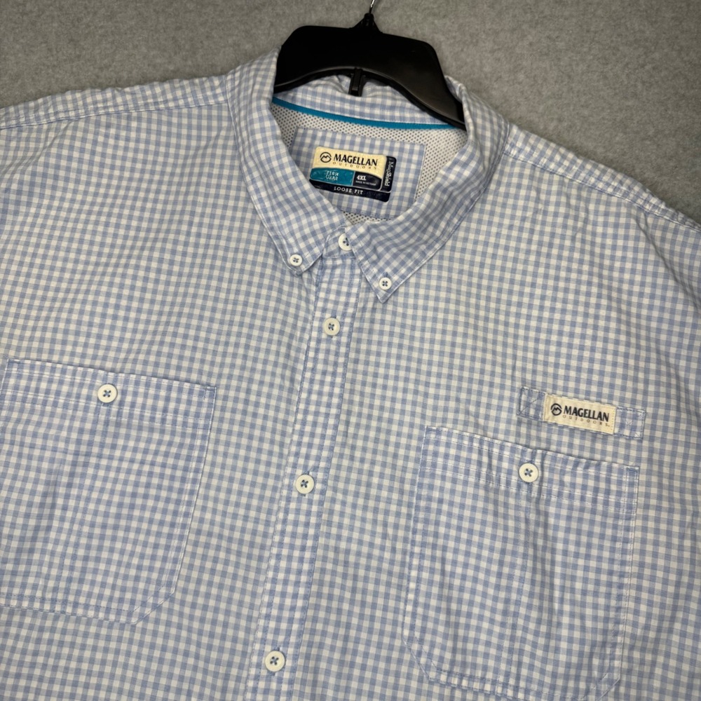 Magellan Fishing Shirt Mens 4XL Light Blue Gingham Plaid MagShield Loose Vented